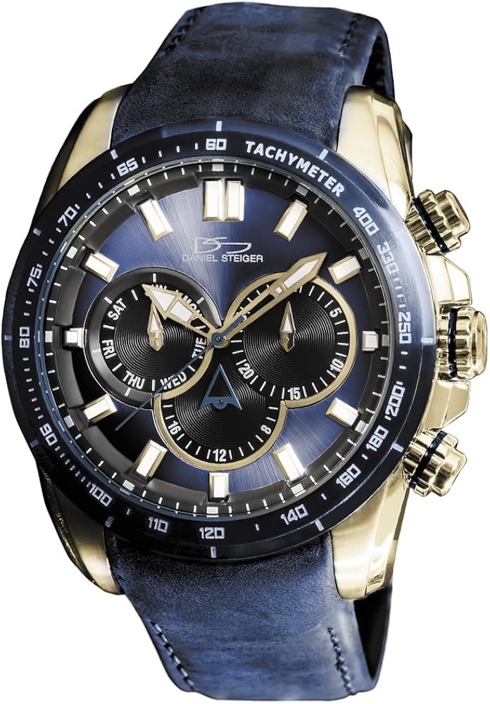 Amazon Com Daniel Steiger Graphite Blue Luxury Men S Watch With Nubuck Leather Strap Gold Plated Premium Grade Stainless Steel 100m Water Resistant Tachymeter Day Date Calendar Daniel Steiger Watches