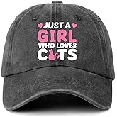 GOSJINNK Funny Cat Lovers Distressed Washed Black Baseball Hats Just A Girl Who Loves Cats Printed Cotton Adjustable Baseball Caps Trendy Birthday Gifts for Women Friend Coworker Neighbor Cat Mom