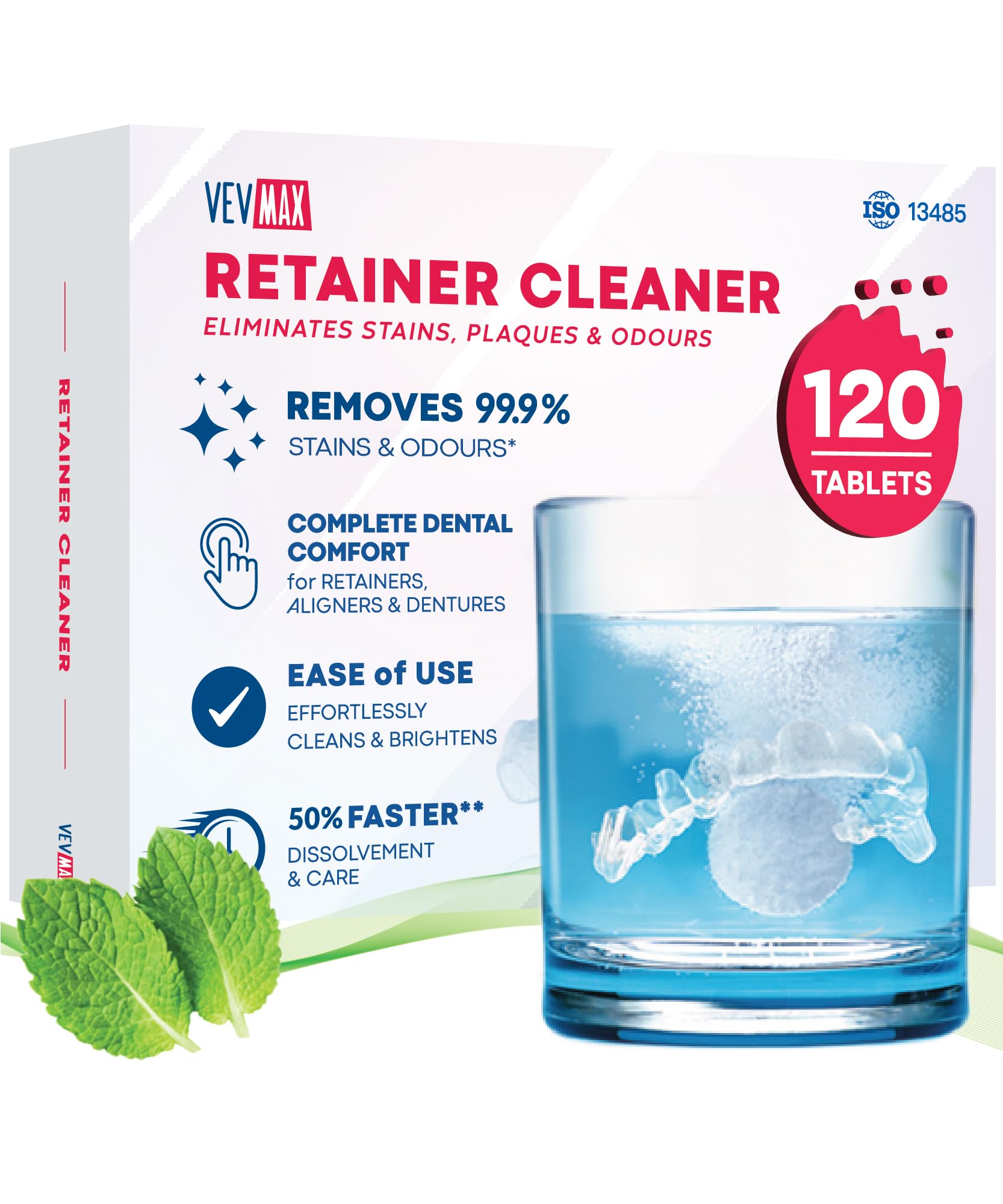 Vevmax Retainer Cleaner Tablets - 120 Tablets (4 Months Supply) - Denture Cleaning, Removes Stains & Odours, Freshens Aligners, Mouthguards, Nightguards - Perfect for Ultrasonic Retainer Cleaner