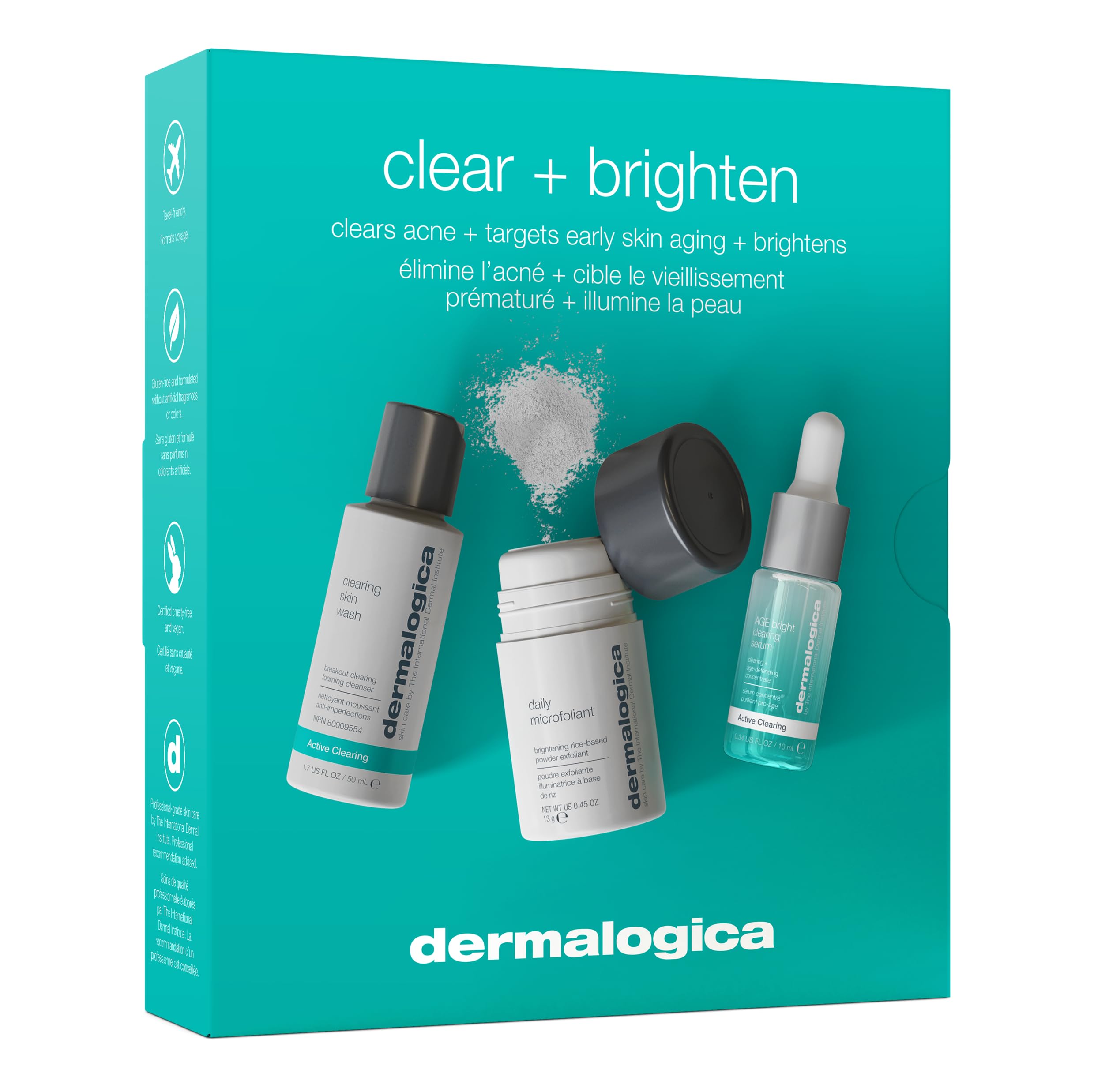 Dermalogica Clear And Brighten Kit - Contains Daily Microfoliant 13ml, Age Bright Serum 10ml, & Clearing Skin Wash 50ml, Clears, Smooths & Brightens, for Daily Use, Travel Size Kit