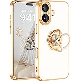 Fingic for iPhone 16 Case[with 360° Rotatable Ring Holder][Support Magnetic Car Mount] Shiny Plating Gold Slim Fit Thin Soft TPU Rugged Bumper Anti-Scratch Case for iPhone 16 for Girls Boys,5G,White