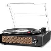 Seasonlife&reg; Vinyl Record Player with Speakers,Wood Black Vintage Turntables | All-in-one Beginner LP Players,Retro Old-school Phonograph,Belt-Driven,3-Speed,BT Wireless Input,Headphone,AUX,RCA,Auto Stop