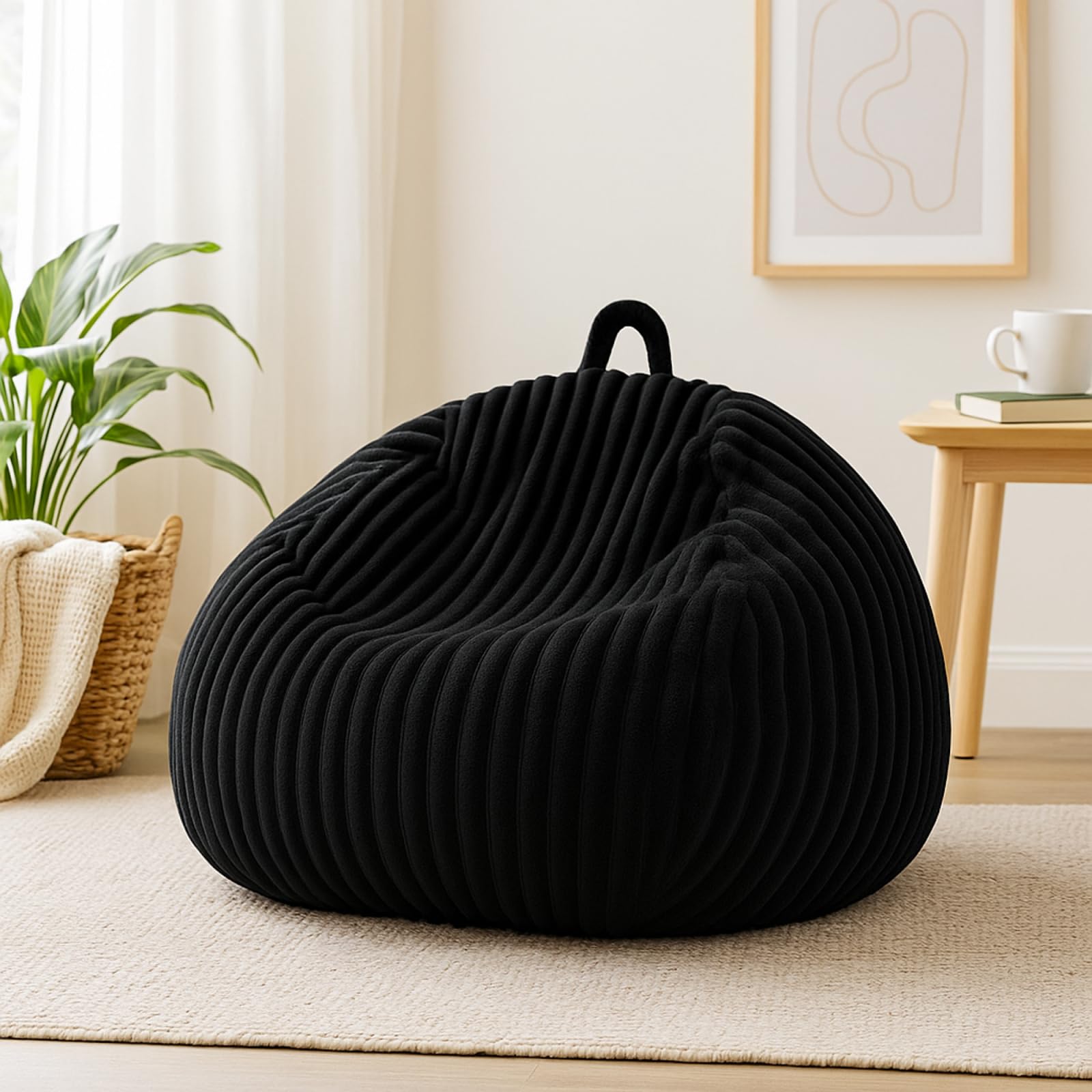Photo 1 of Honeydak Ribbed Rabbit Fur Stuffed Animal Storage Bean Bag Chair Cover (No Filler) Comfy Bean Bag Cover Without Filling or Home Bedroom Decor Organizing Plush Doll Textile Holder (Black,L)