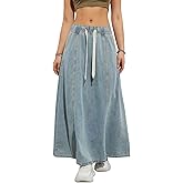 Womens Denim Maxi Skirt Elastic Waist A Line Drawstring Casual Paperbag Fashion Flare Denim Long Skirt