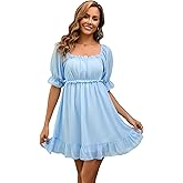 DUKAKII Women's Summer Dress Boho Short Sleeve Mini Dresses Square Neck Ruffle Mini Beach Dresses