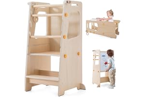 4-in-1 Toddler Kitchen Tower, Adjustable Height Step Stool, Convertible Table and Chair with Whiteboard, Safety Rail (Wood)