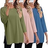 Huukeay 3 Pack Women's Oversized T Shirts Workout 3/4 Sleeve Top Loose Side Split Gym Elbow Crewneck Fall Casual Clothes Tee(Haze Blue, Cinnamon Pink, Grass Green,Medium)