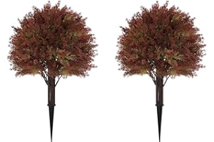 BINNNY FLOWER 24" Fall Cedar Topiary Trees Artificial Outdoor, Set of 2 Faux Bushes and Shrubs with Ground Spike, UV Resistant Realistic Large Fake Ball Plants for Front Porch Outside Planters Backyard Decor