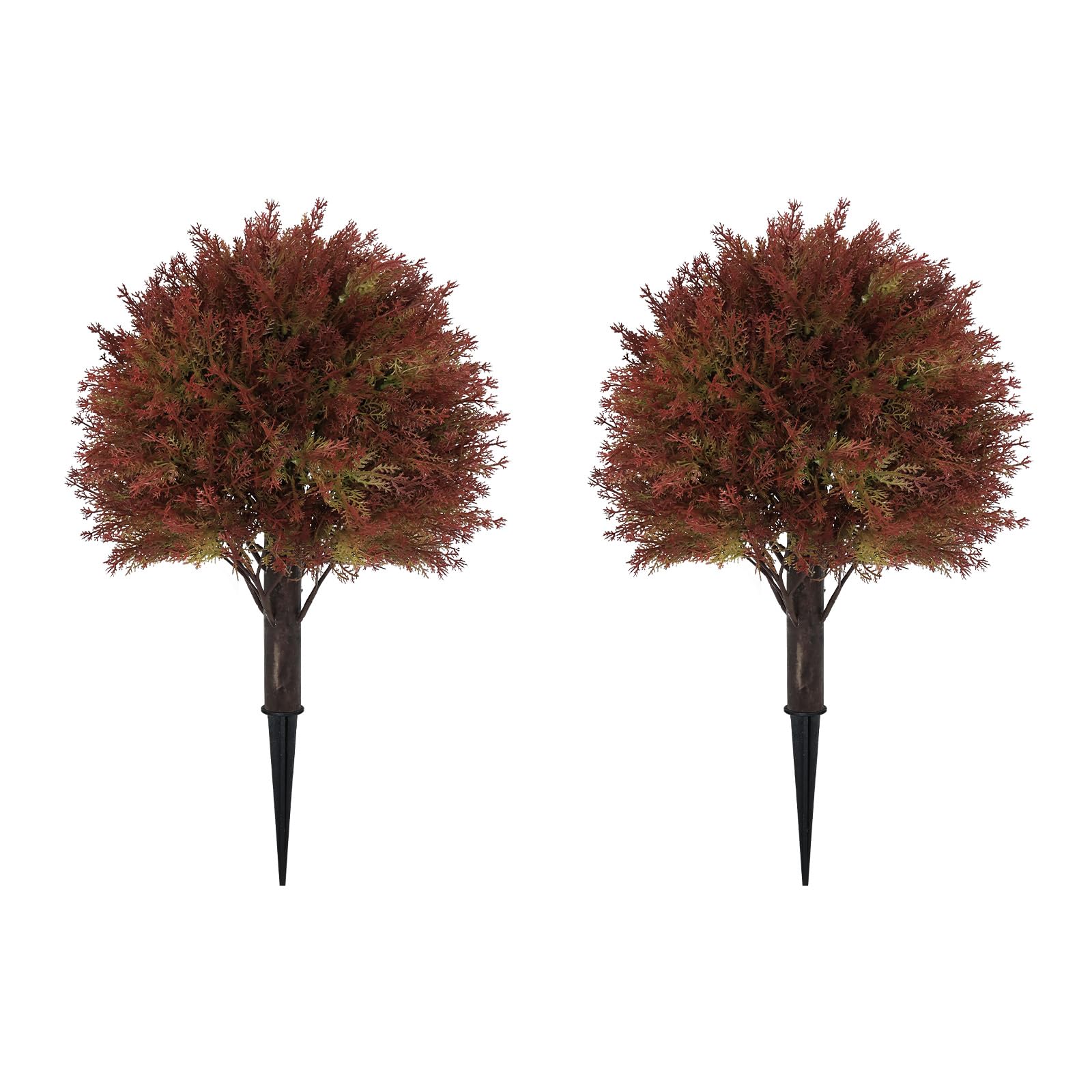 Photo 1 of 24" Fall Cedar Topiary Trees Artificial Outdoor, Set of 2 Faux Bushes and Shrubs with Ground Spike, UV Resistant Realistic Large Fake Ball Plants for Front Porch Outside Planters Backyard Decor