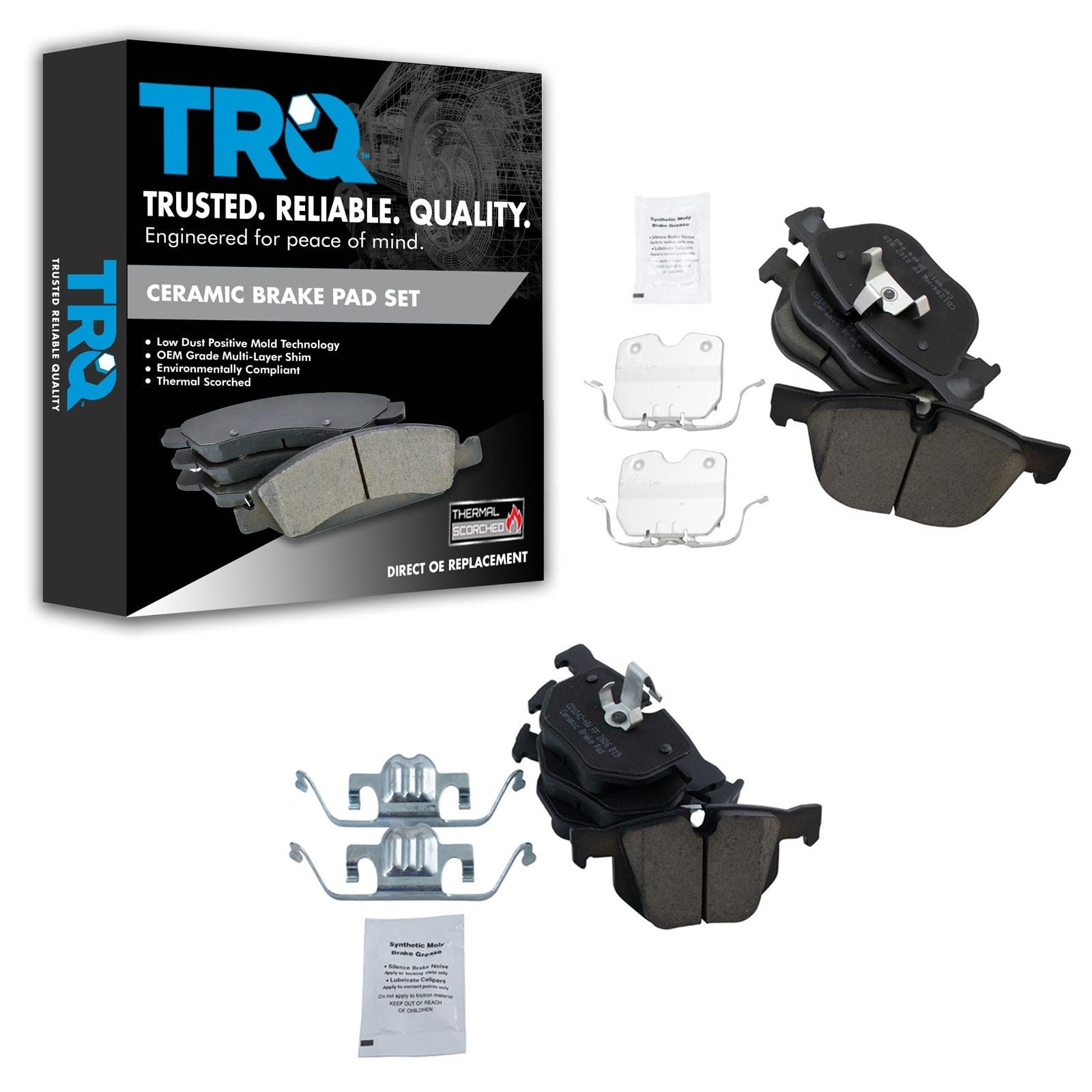 Photo 1 of **MAJOR DAMAGE**
TRQ Front and Rear Ceramic Brake Pad Set Compatible with 07-08 BMW X5 3.0L L6 09-10 X5 xDrive30i 09-18 X5 xDrive35d 11-18 X5 xDrive35i 14-18 X5 sDrive35i 10-18 X6 xDrive35i 15-18 X6 sDrive35i