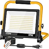 14400LM LED Work Light with 16FT Cord &amp; Switch, IP66 for Garage Workshop | 120W Flood Light Plug in Outdoor, Portable Worklight with Stand, 5000K Daylight for Construction Job Site Car Repairing