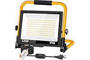 ISUERFY 14400LM LED Work Light, 120W Flood Light with 16FT Cord & Switch, Portable Worklight with Stand, 5000K IP66 Waterproof Construction Lighting for Job Site Repairing Workshop Garage
