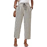 RoseSeek Women's Striped 3/4 Length Pants Straight Leg Drawstring Waist Cropped Pants Trousers with Pockets