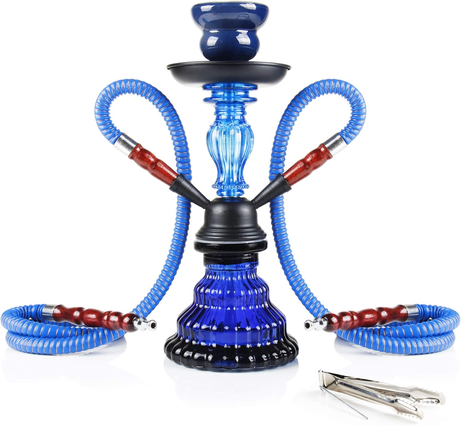 REANICE 11'' Handmade Shisha Glass Water Hookah Set with 2 Hose (Blue