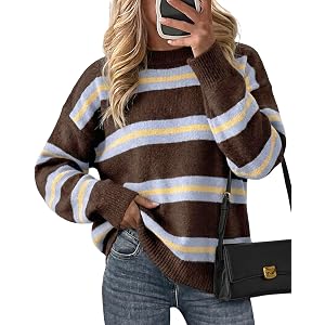 Cicy Bell Womens Striped Pullover Sweater Color Block Casual Loose Knit Top | Crew Neck, Drop Shoulder, Fall Winter Outfits,