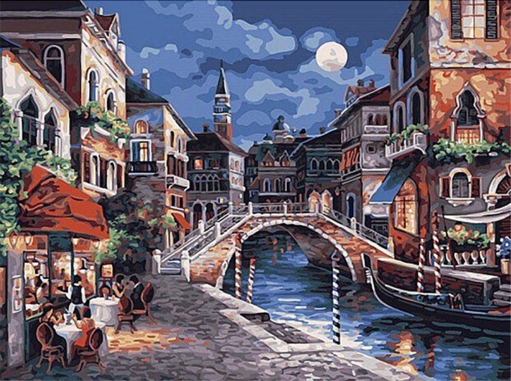 DIY Fabric Decorating Kits, ABEUTY Paint by Numbers Ancient Town Under Moonlight 16x20 inches Number Painting Wall Art