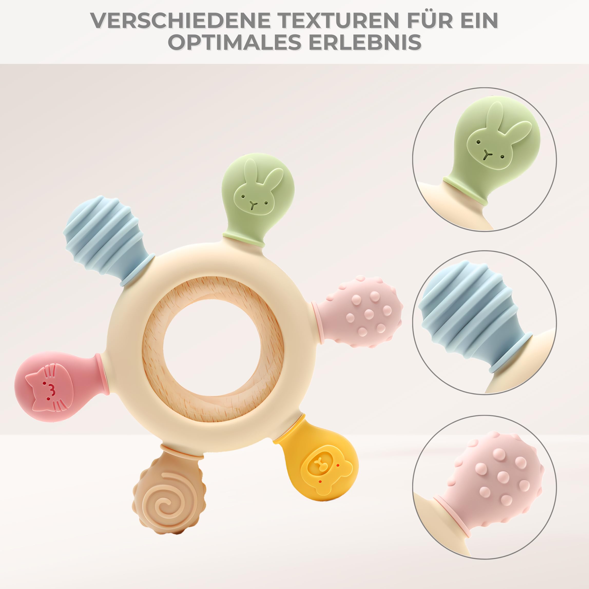 CAJA Beißring Baby BPA freie Zahnungshilfe und Beißspielzeug aus Silikon und Holz Greifring mit Tiermotiv Geschenkidee zur Geburt Sicheres Babyspielzeug für Jungen und Mädchen 4