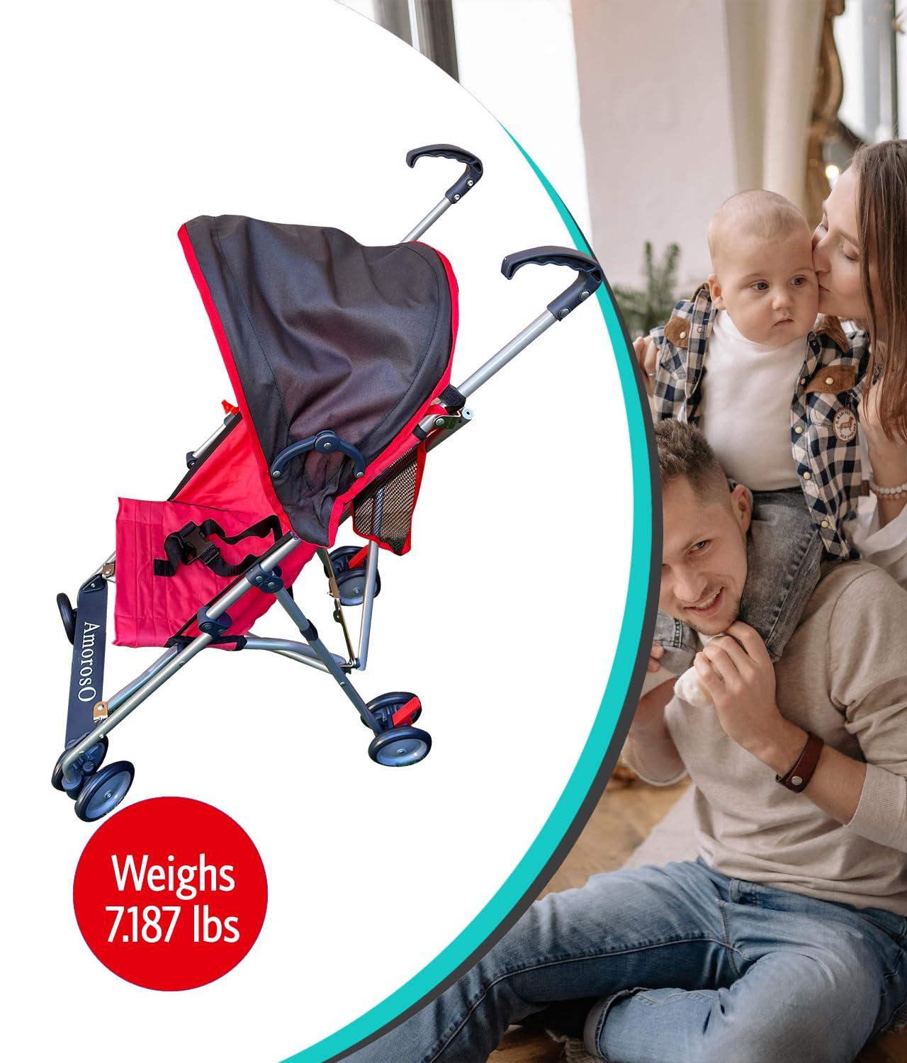 AmorosO Single Umbrella Stroller for Toddler, Travel Stroller for Babies - Sunlight and Light Rain Protection - Baby Stroller with Four EVA Wheels - Travel-Ready Stroller - Round Canopy (Red/Black)