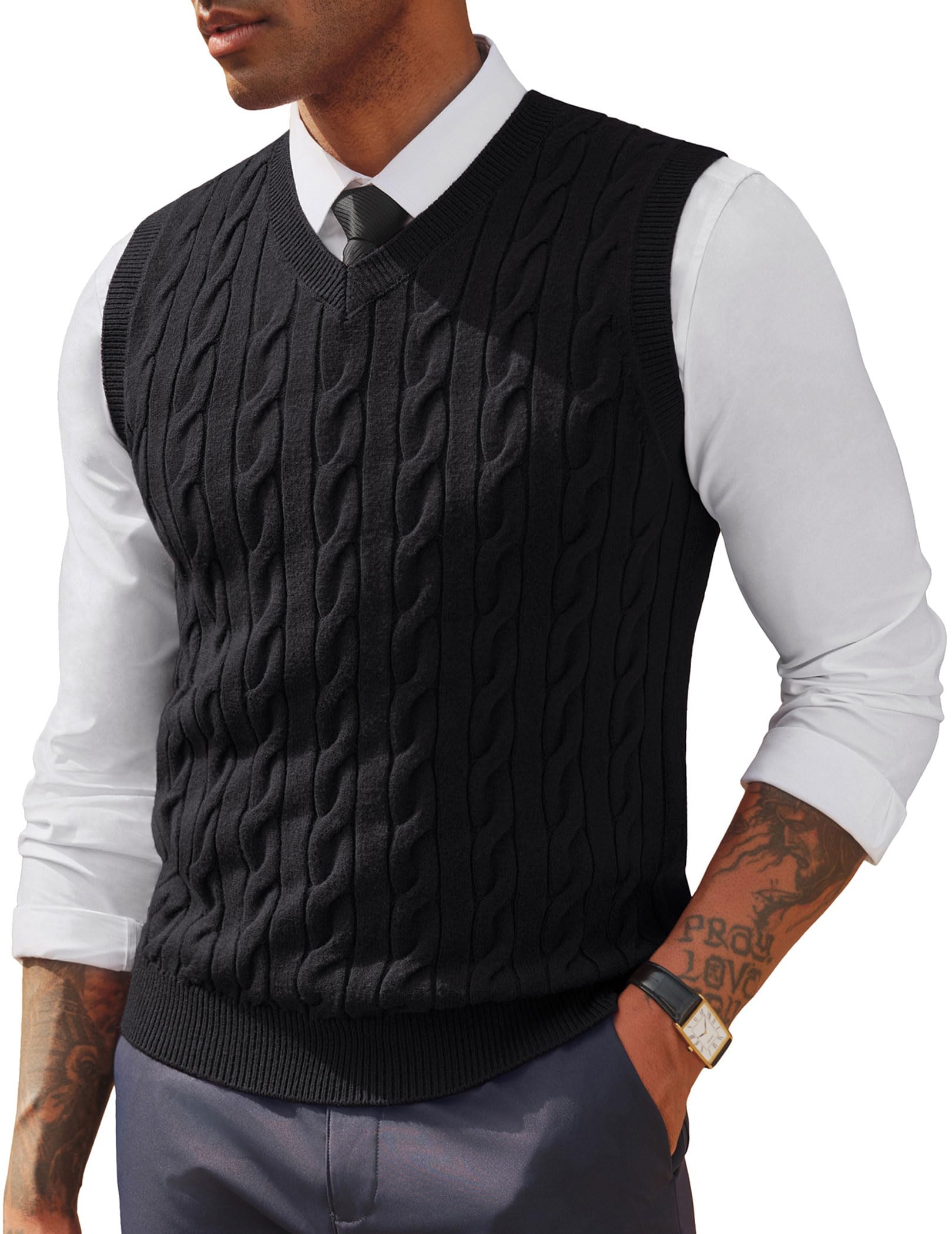 Photo 1 of PJ PAUL JONES Men's Sweater Vest Striped Cable Twist Knitted Sweater Vest for Work Black, L