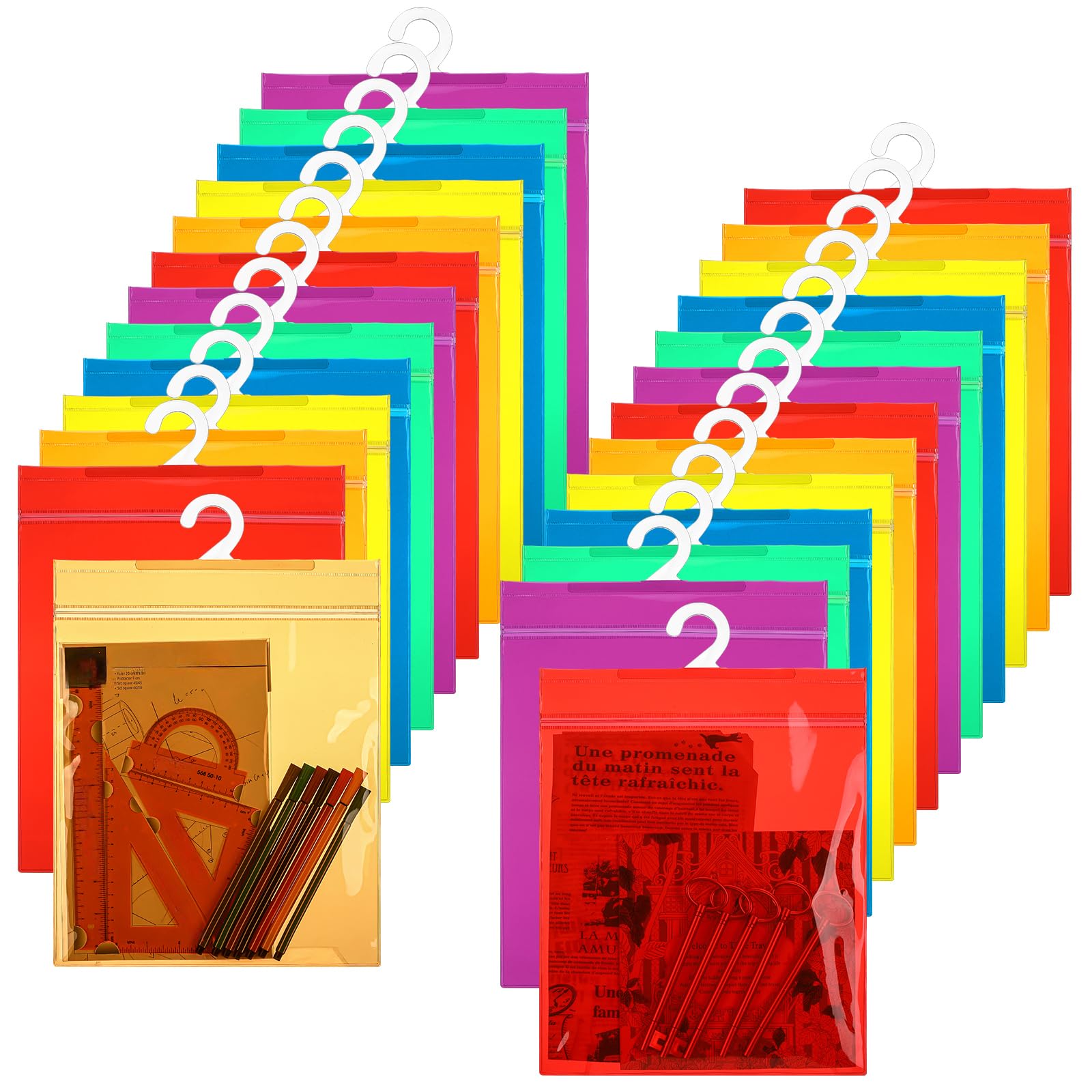 Photo 1 of Sunnymove 24 Pcs Hanging Storage Bags for Classroom 10 x 12.5 Inch Large Hook Colorful Clear Plastic Bag for Classroom Headphone Storage Reusable Waterproof Dustproof for Library Pharmacy Use, 6 Color