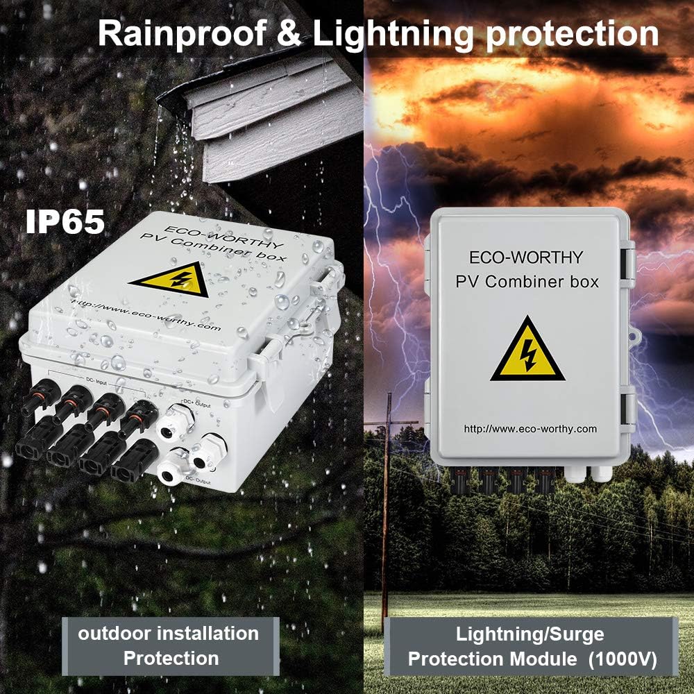ECO-WORTHY 4 String PV Combiner Box with Lightning Arreste, 10A Rated Current Fuse and Circuit Breakers for On/Off Grid Solar Panel System: Industrial & Scientific