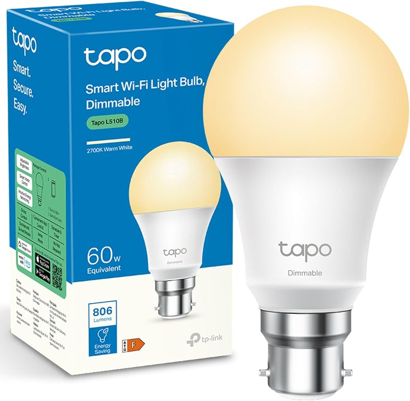 Tapo L510B WiFi Smart Bulb B22 Dimmable 8.3W 60W Equiv with Alexa Google