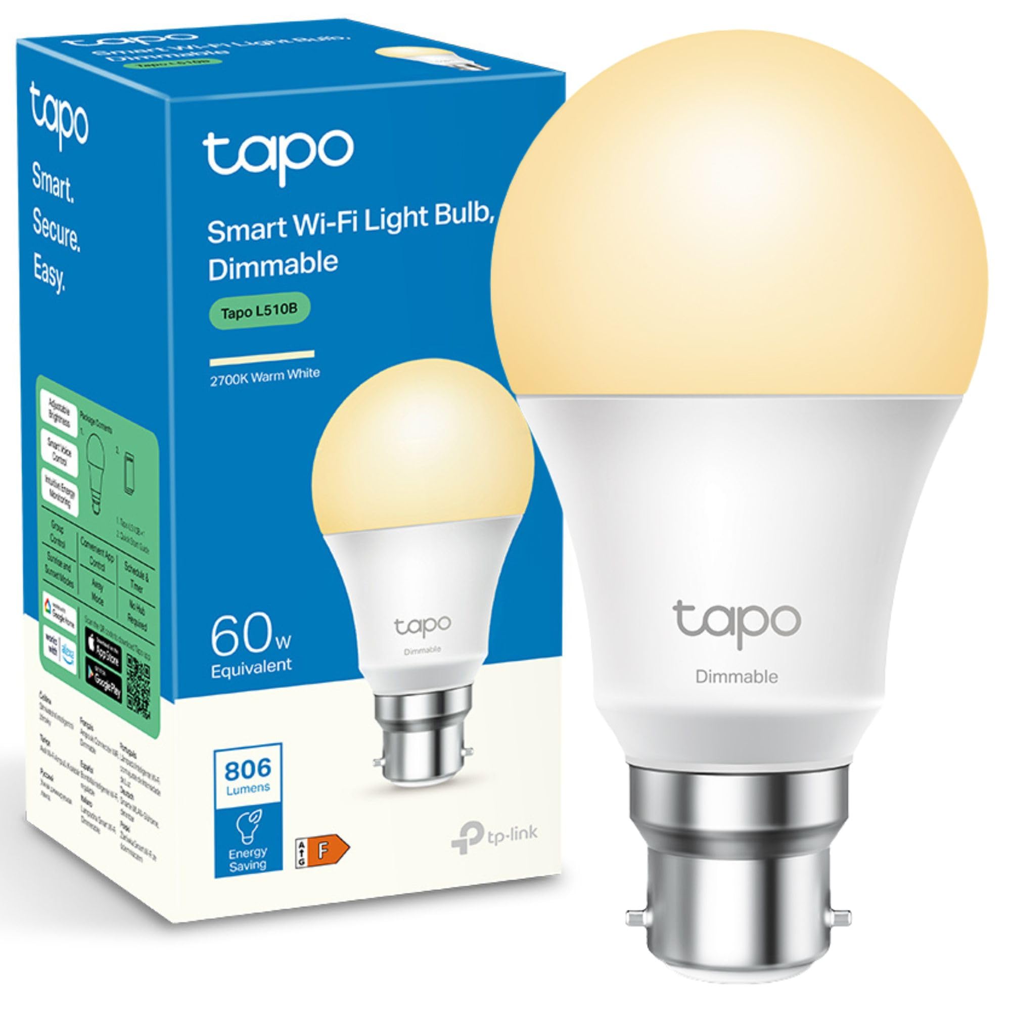 Tapo L510B WiFi Smart Bulb, B22 Smart Light Bulb, 8.3W (60W), Dimmable, Energy Saving, Schedule & Timer, Away Mode, Energy Saving, Preset for Convenience, Voice Control with Alexa & Google