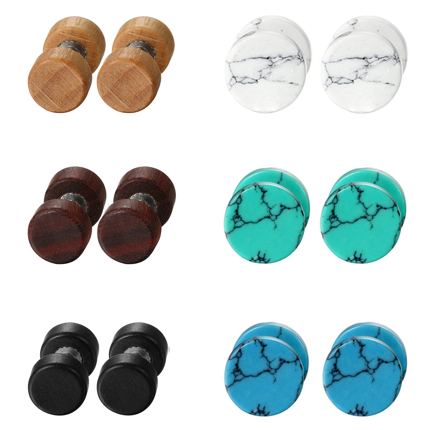 6 Pairs 8MM Marble Stone Wood Screw Stud Earrings Set,Cupimatch Ear Piercing Plugs Faux Gauges Illusion Tunnel Earrings (10mm)