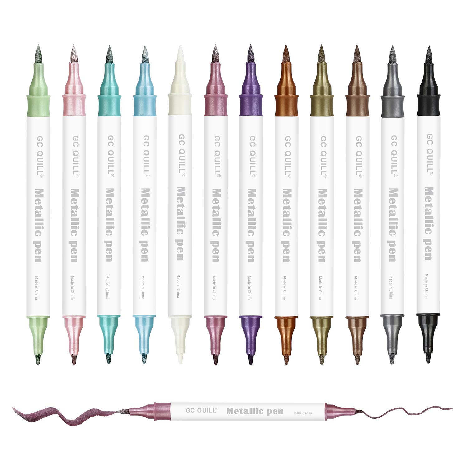 GC Metallic Marker Pens-12 Colours Metallic Pen Set with Fine and Brush Tips- for Scrapbook, DIY Album, Rock Painting, Drawing- for Rock, Metal, Wood, Stone, Fabric and Pottery GC-M12