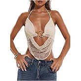 SHENHE Women's Sexy Y2k Halter Going Out Top Open Back Deep V Neck Metal Ring Rave Shirt
