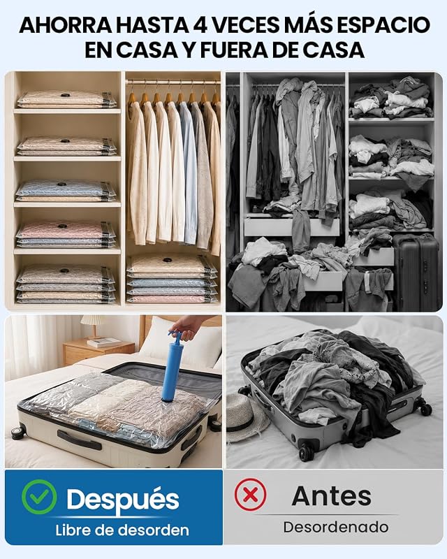 Sacos de vácuo poupadores de espaço com bomba manual, 4x (50x40cm)
