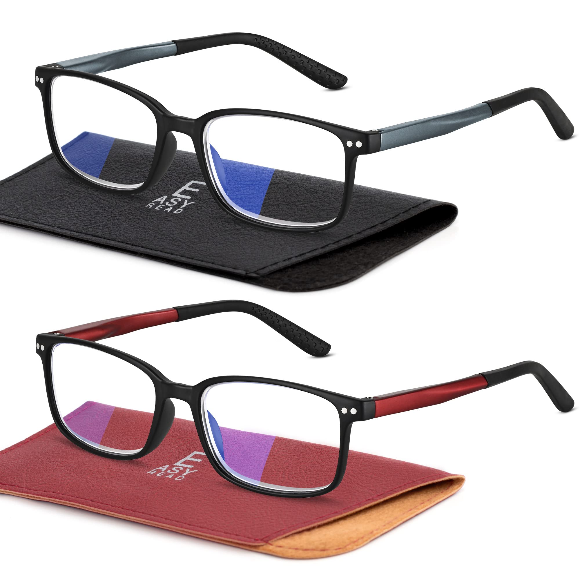 Photo 1 of EASY READ 2 Pairs Sporty Style Reading Glasses for Men?Rectangular TR90 Blue Light Blocking Readers with Spring Hinge(Magnification 1.25,Black/Red)
