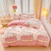 OranFran Carousel Kids Duvet Cover Set Queen Pink Kawaii Bedding Set Snowflake Fluffy Comforter Cover Blanket Soft Reversible Duvet Cover Room Decor for Girls Women Boys(Carousel,Queen)