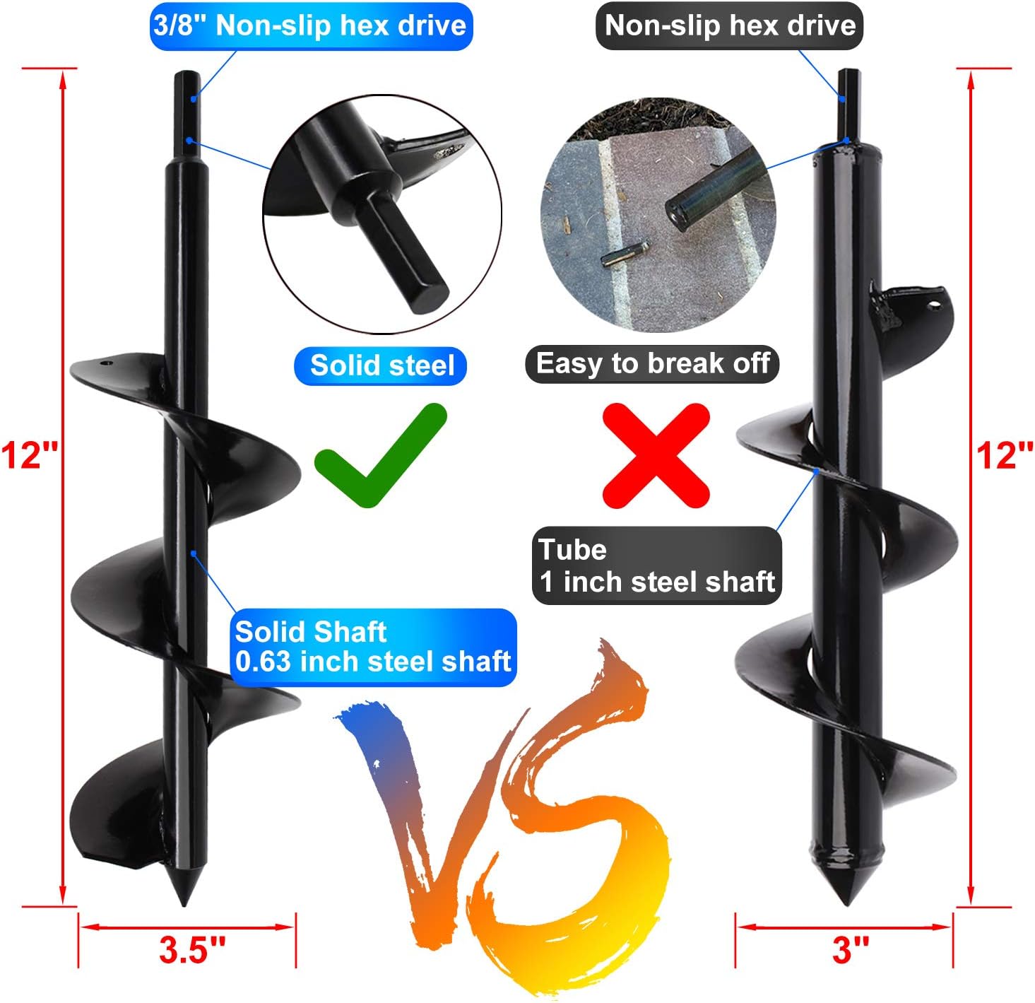 BLIKA Solid Shaft Auger Drill Bit for Planting, 3.5" x 12" Garden Plant Flower Bulb Auger with Garden Genie Gloves, Bulb & Bedding Plan Auger for 3/8" Hex Drive Drill: Home Improvement