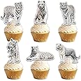 18pcs White Glitter Tiger Dessert Cupcake Topper Pick for King of Animals Theme Decor Supplies Baby Shower Wedding Anniversary Happy Birthday Party Decoration