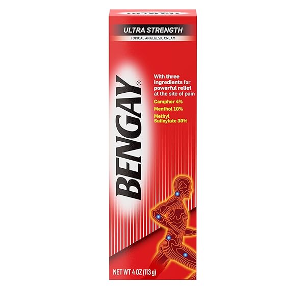 BENGAY ULTRA STRENGTH TOPICAL PAIN RELIEF CREAM, NON-GREASY TOPICAL ANALGESIC FOR MINOR ARTHRITIS, MUSCLE, JOINT AND BACK PAIN, CAMPHOR, MENTHOL AND METHYL SALICYLATE, 4 OZ