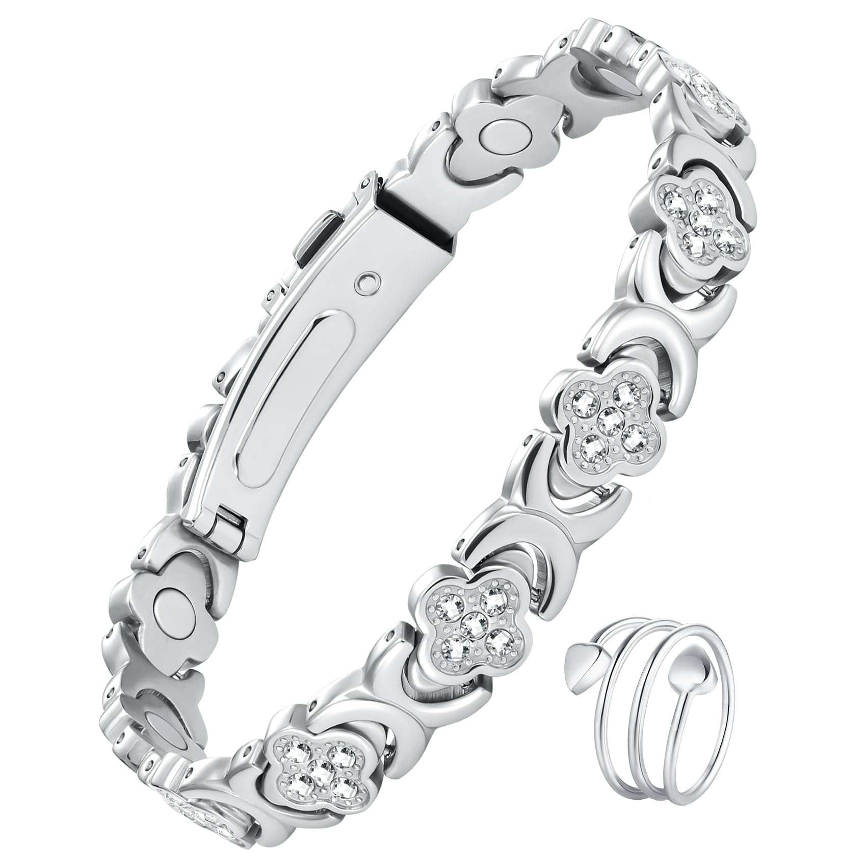 Jecanori Women's Magnetic Bracelet - Titanium Steel with 3800 Gauss Magnets - Adjustable Length Wristband, Comes in Gift Box, Clover-Silver
