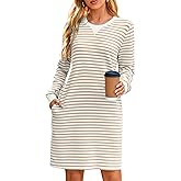Glamaker Women Tshirt Shift Dress Casual Striped Long Sleeve Crew Neck Knee Length Comfy Midi Dress with Pockets