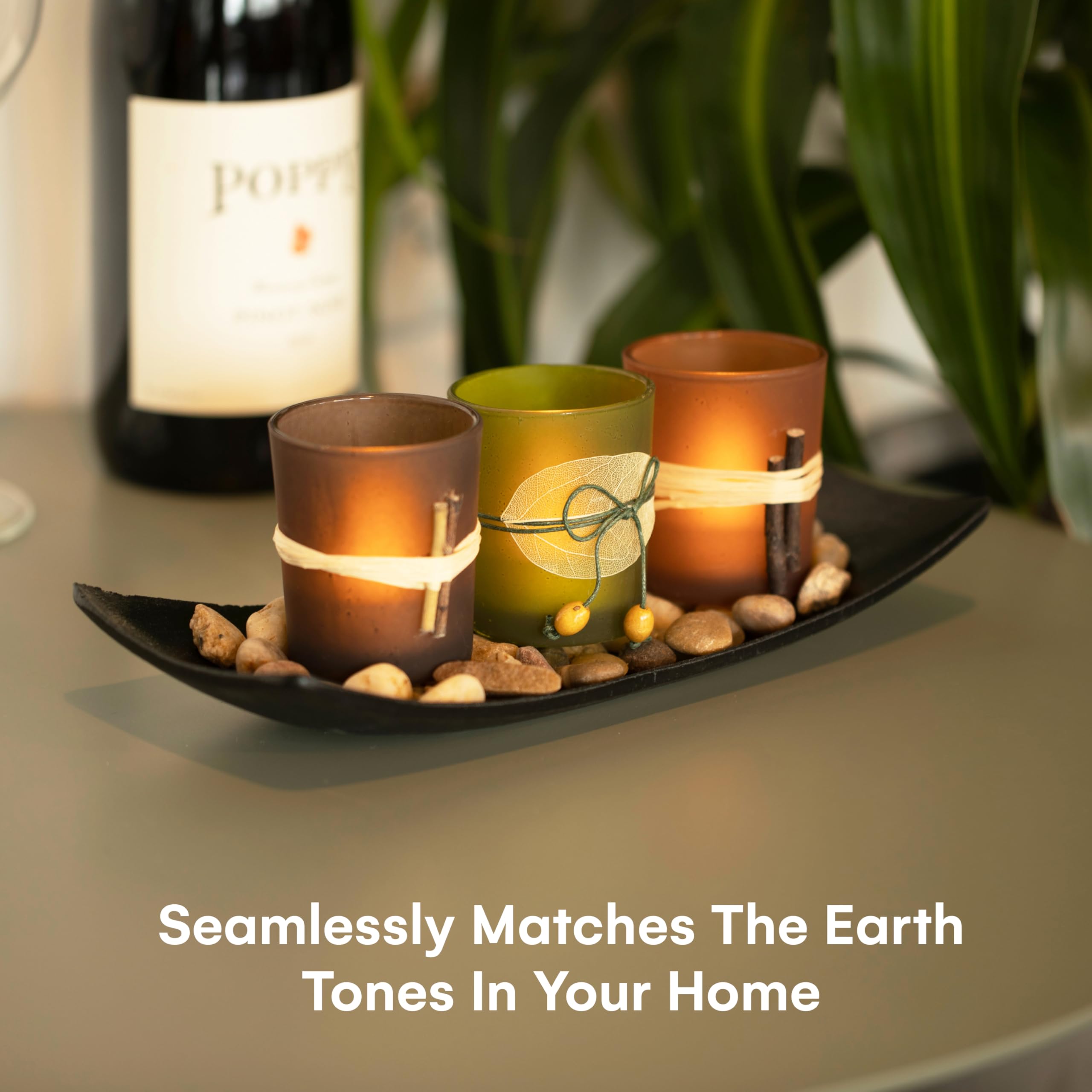 Dawhud Direct Decorative Votive Candle Holders, Vintage Decor Flameless Candlescape Set, 3 LED Tea Light Candles, Rocks and Tray - Fall Table Decor (Earth Tones)