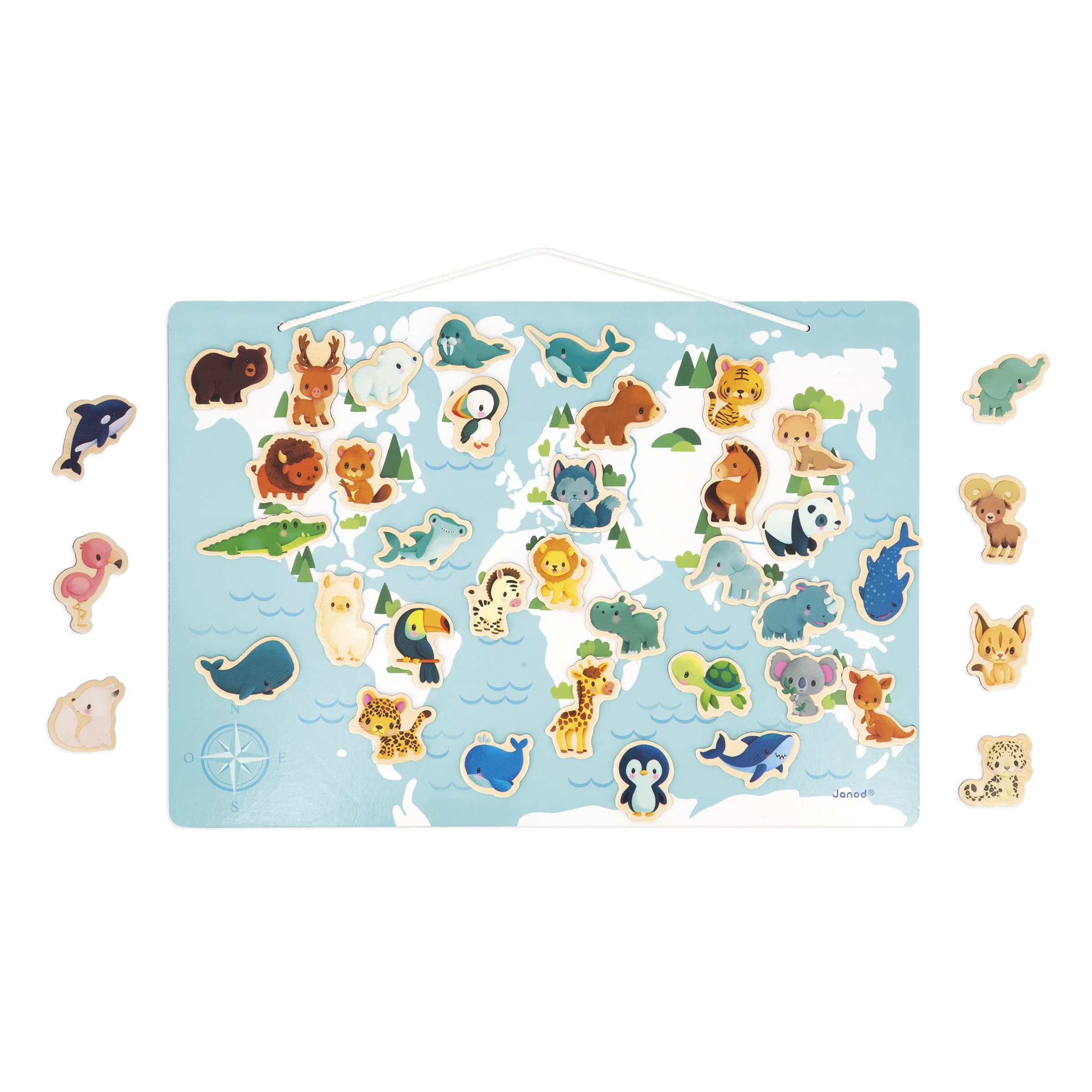 Janod - Minikids Magnetic World Puzzle - 40 FSC Wood Magnets - 1 Poster Included - Educational Game - Baby Animal Magnets - 24 Months +, J05468