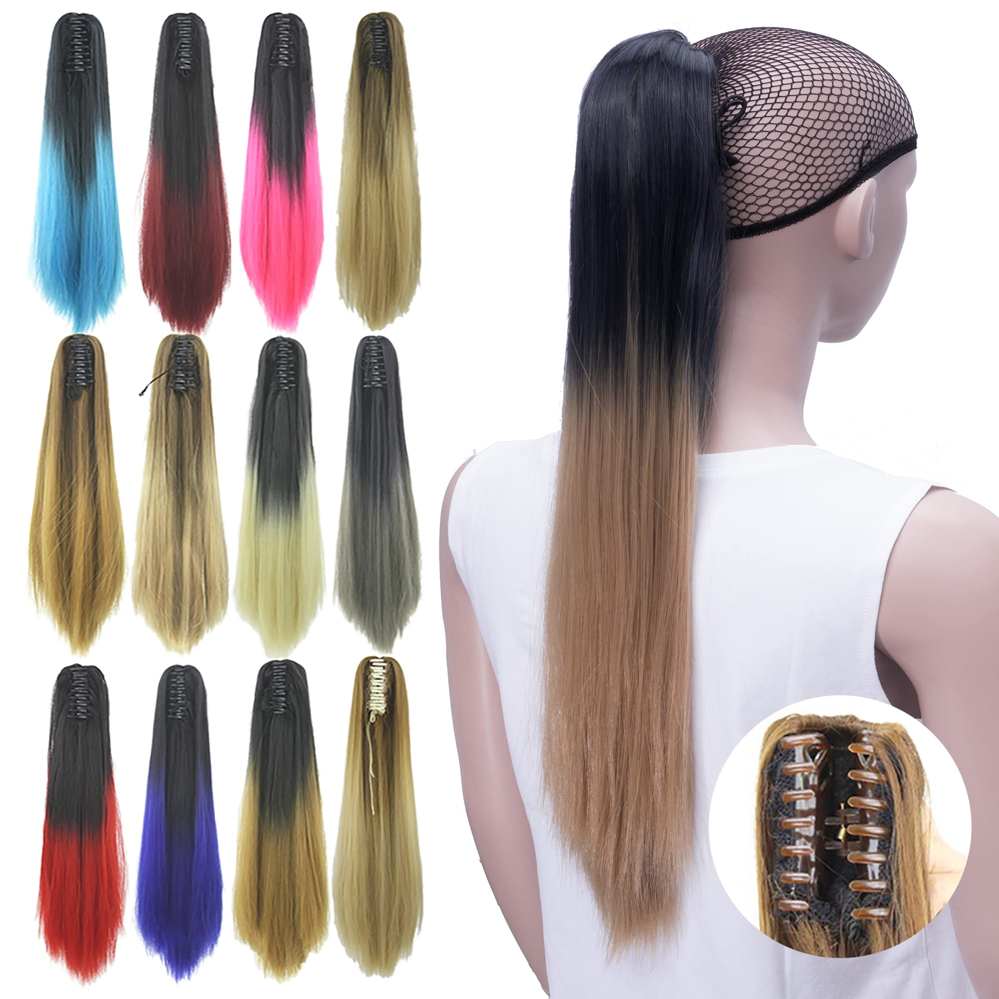 IMISSU Straight Clip on Hairpiece Extensions Pony Tail Clip Claw Ombre Ponytail Hair Pieces (Ombre Copper)