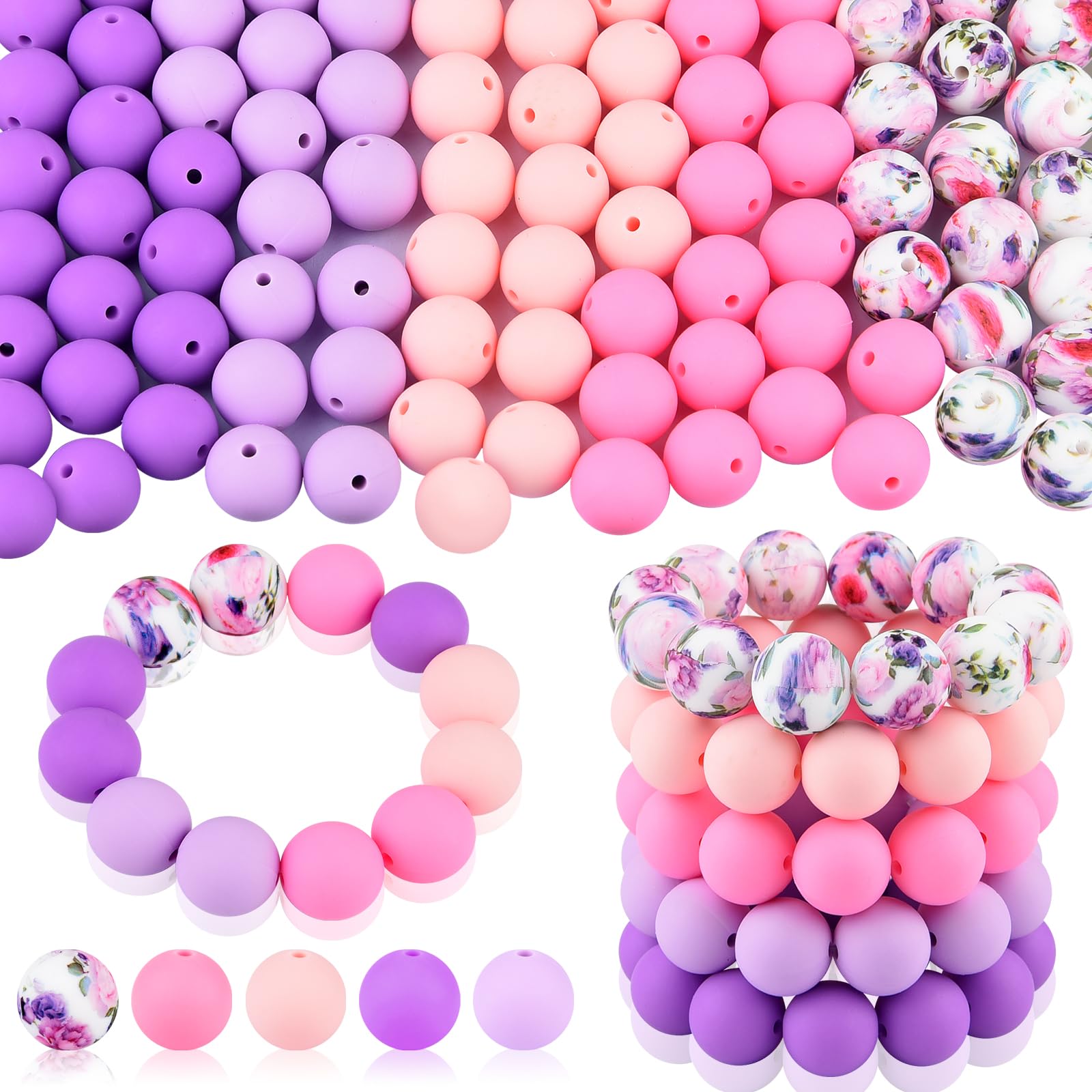 ASTARON 100 Pcs 15mm Silicone Beads for Keychain Making, Purple Pink Round Beads for Bracelets Beadable Pens Decorations Crafts Making Party Favours Supplies