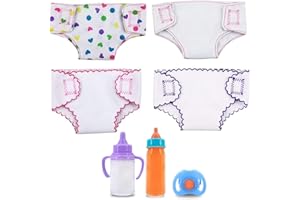 PUHIKE 4Pcs Doll Diapers Doll Underwear for 14-18 Inch Baby Dolls Reusable Diapers Set with 3 Pcs Doll Feeding (Milk & Juice Bottles Toy Pacifier) （NO Doll）
