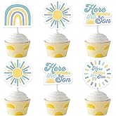 24 Pack Here Comes The Son Cupcake Toppers, Cupcake Picks Baby Shower Decorations for Boy, A Little Sunshine is On The Way Boho Party Supplies