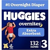 Huggies Overnites Diapers Size 3, 132 Count (2 Packs of 66) | Extra Absorbency, Nighttime Leak Protection, 4X Sleep Protection, Pillowy Soft Leg Cuffs, Wetness Indicator, Hypoallergenic