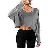 Remidoo Womens Batwing Long Sleeve Crop Top Crewneck Oversized Tshirt Casual Loose Shirt