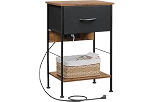 WLIVE Nightstand with Charging Station, Night Stand with 1 Fabric Drawer and Open Shelf, 25" H Bed Side Table for Bedroom, End Table, Small Dresser for Dorm, Entryway, Black and Rustic Brown