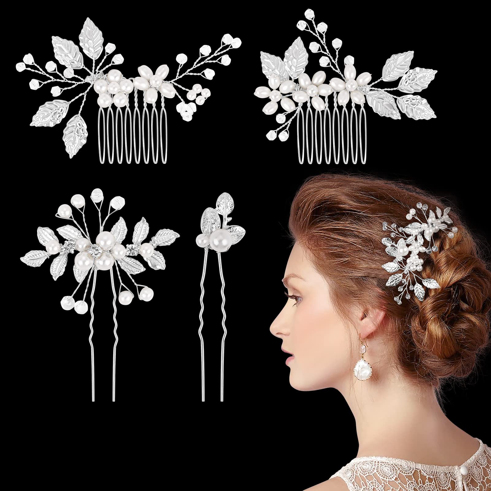 Kiiwah 4 Pcs Bridal Hair Comb, Wedding Hair Pins Pearl Flower Wedding Hair Accessories Set Crystal Bridal Hair Piece for Women and Girls(Silver)