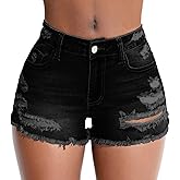 Tunlaud Women's Stretch Ripped Denim Shorts Mid Waist Casual Frayed Raw Hem Distressed Jean Shorts