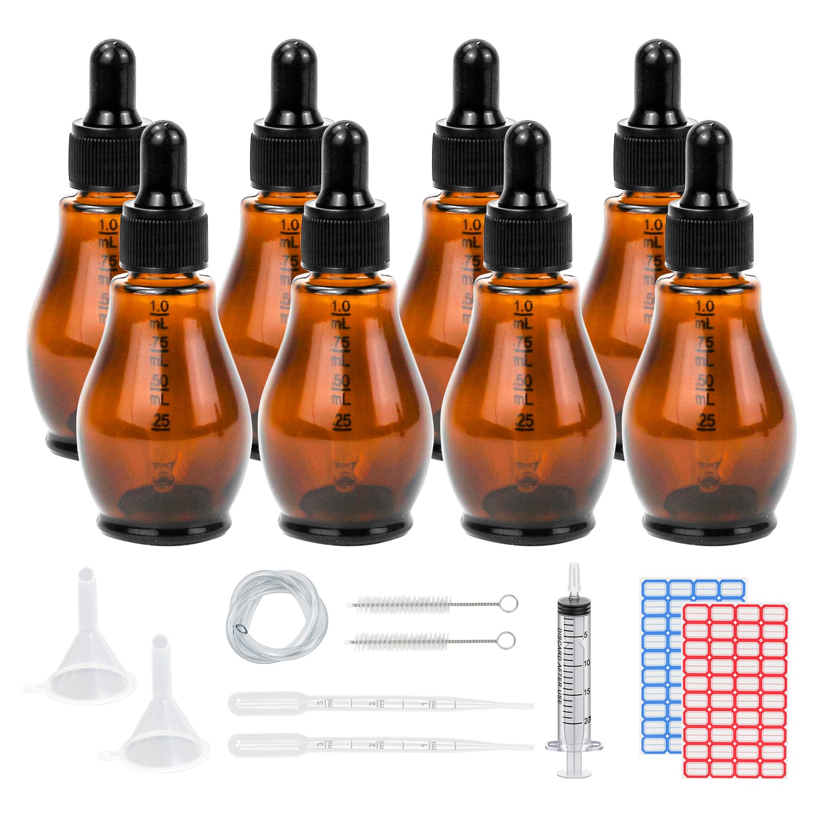 Reyshin 8 Pack Pear Shaped Amber Glass Bottles with Dropper Pipettes - Refillable Sample Bottles for Essential Oil, Massage, Aromatherapy & Eye Drops (Amber 30ml) — image 1